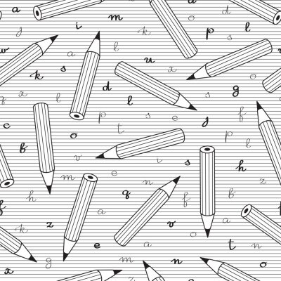 Fototapete Schwarz-weißes Muster mit Buchstaben und Bleistiften