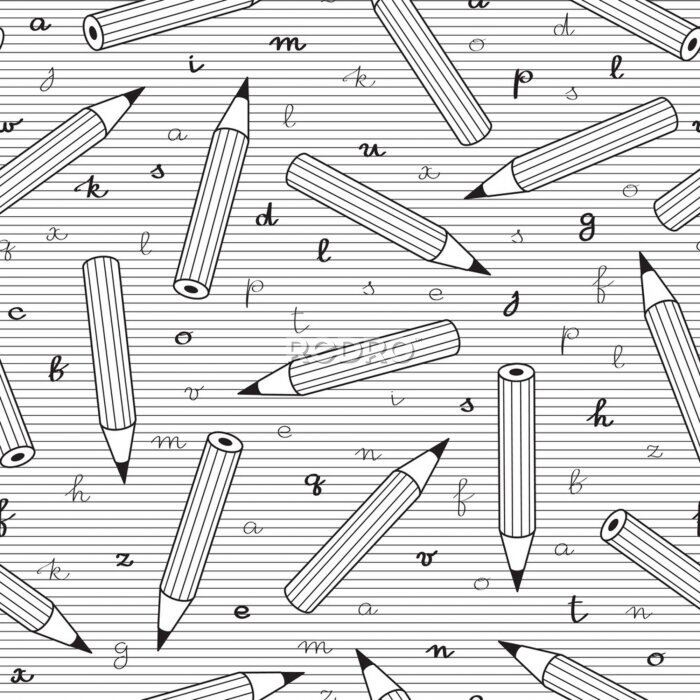 Fototapete Schwarz-weißes Muster mit Buchstaben und Bleistiften