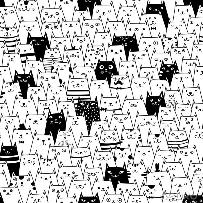 Fototapete Schwarz-weißes Muster mit Katzen