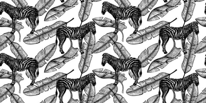 Fototapete Schwarz-weißes Muster mit Zebras inmitten von Bananenblättern