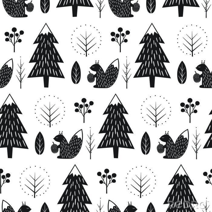 Fototapete Schwarz-weißes skandinavisches Muster mit Eichhörnchen im Wald