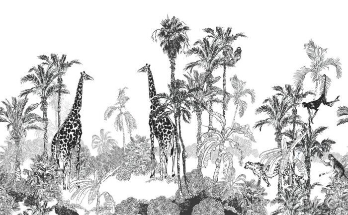 Fototapete Schwarz-weißes tropisches Muster mit Giraffen