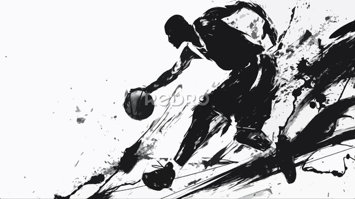 Fototapete Schwarze Aquarellzeichnung eines Basketballspielers