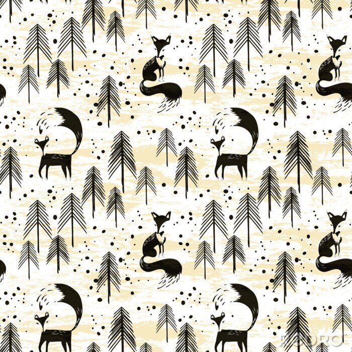 Fototapete Schwarze Füchse und Bäume auf gelbem Hintergrund