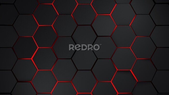 Fototapete Schwarze Hexagone mit 3D-Effekt auf rotem Hintergrund