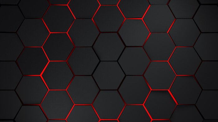 Fototapete Schwarze Hexagone mit 3D-Effekt auf rotem Hintergrund