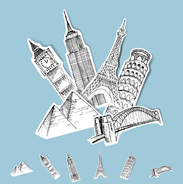 Fototapete Schwarze und weiße Schilder mit Stadtsymbolen