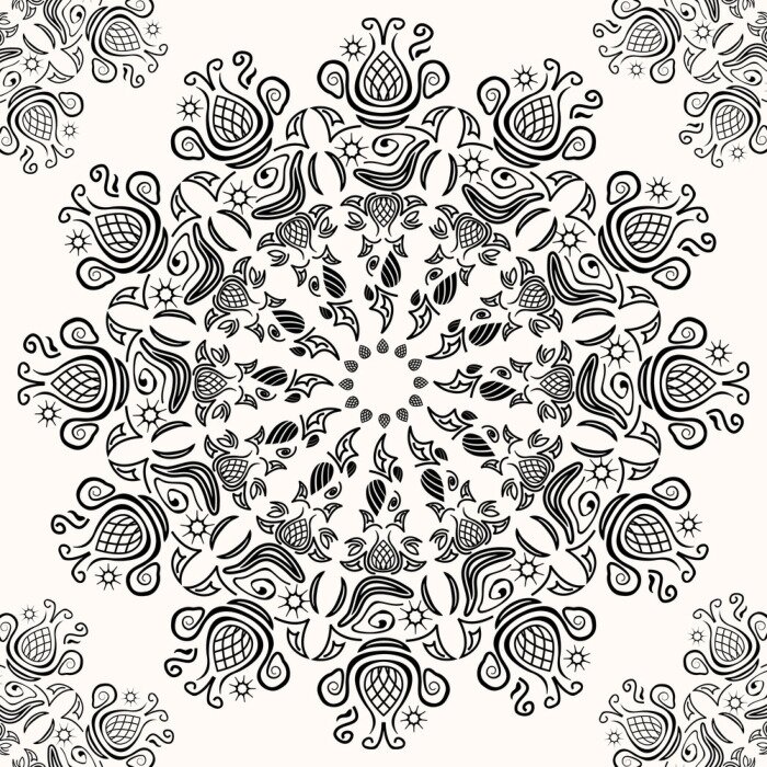 Fototapete Schwarze Vintageblumen im Kreis