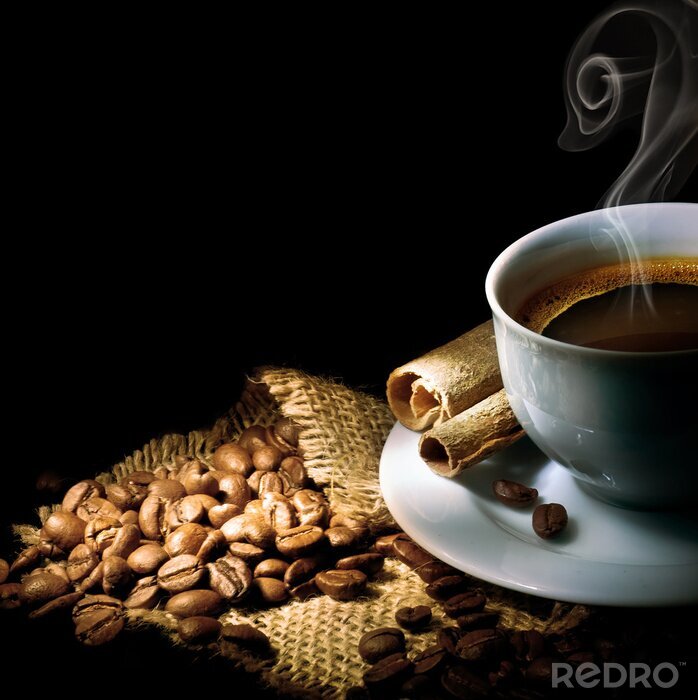 Fototapete Schwarzer aromatischer Kaffee und Bohnen