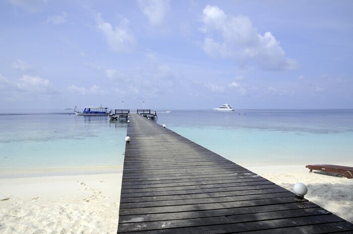 Fototapete Schwarzer Holzsteg in Tropen