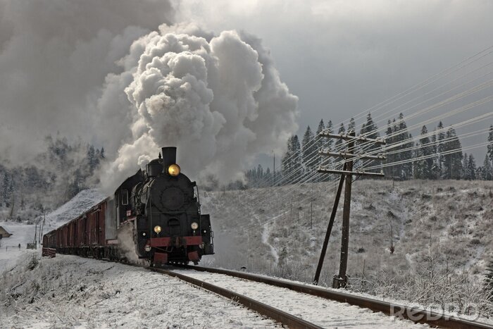 Fototapete Schwarzer Zug mit Schneehintergrund