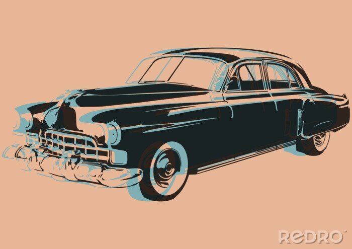 Fototapete Schwarzes klassisches Auto vor orangem Hintergrund
