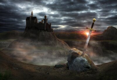 Fototapete Schwert und Schloss in der Fantasy-Welt