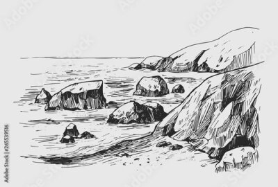 Fototapete Sea sketch with rocks and mountains. Hand drawn illustration converted to vector