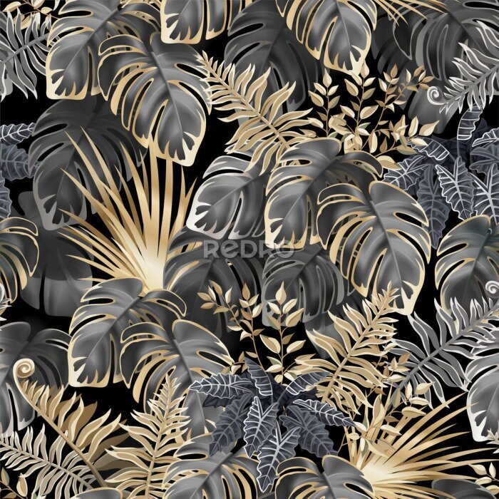 Fototapete Seamless background dark leaves of tropical exotic plants. Pattern jungle with palm trees and lianas. Vector 3d illustration.
