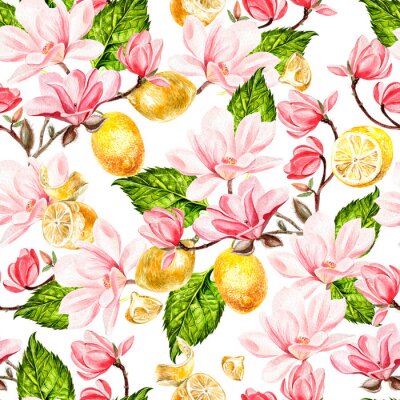 Seamless background with watercolors magnolia and lemon.