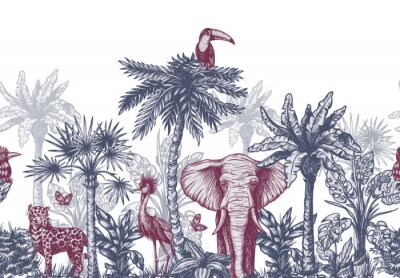 Fototapete Seamless border with graphical tropical tree such as palm, banana and jungle animals. Vector.