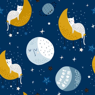 Seamless childish pattern with cats on moons and starry sky. Creative kids texture for fabric, wrapping, textile, wallpaper, apparel. Vector illustration