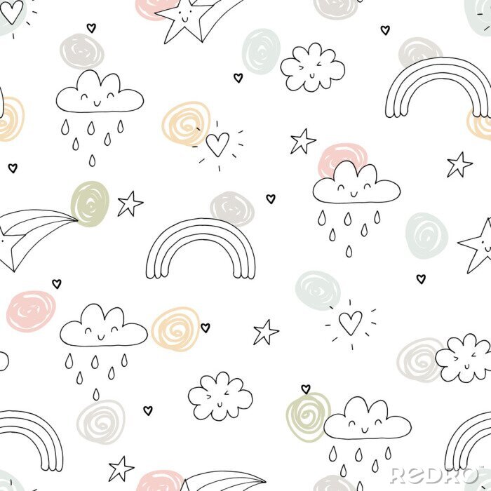 Fototapete seamless clouds and stars pattern vector illustration