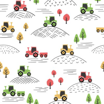 Seamless colorful pattern with doodle tractors.