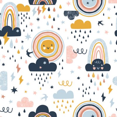 Seamless cute pattern with hand drawn rainbows, rain drops, clouds sun and martlets. Creative scandinavian childish background for fabric, wrapping, textile, wallpaper, apparel. Vector illustration