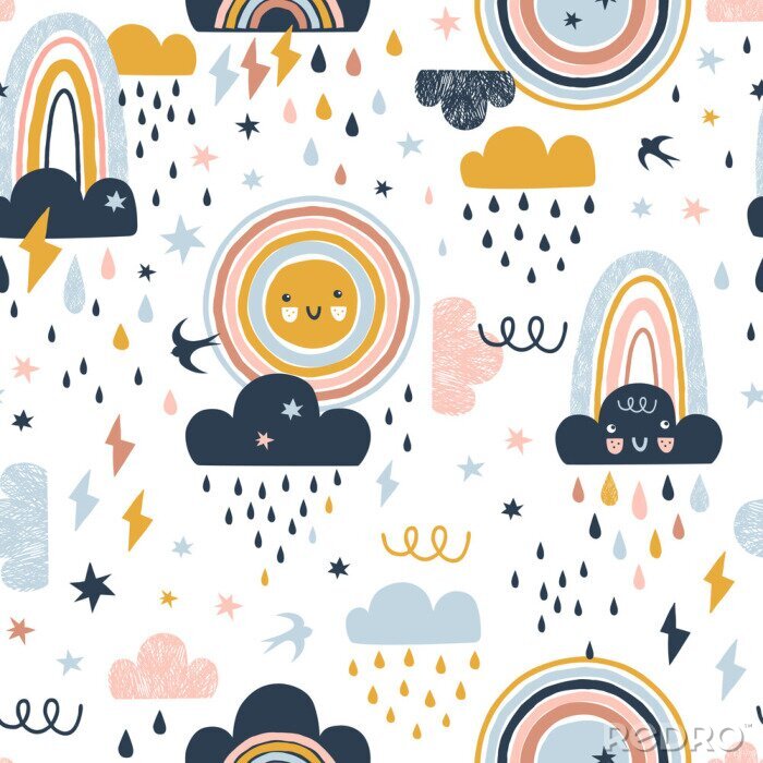 Fototapete Seamless cute pattern with hand drawn rainbows, rain drops, clouds sun and martlets. Creative scandinavian childish background for fabric, wrapping, textile, wallpaper, apparel. Vector illustration