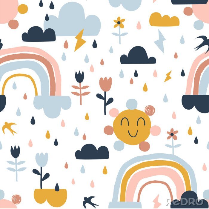 Fototapete Seamless cute pattern with hand drawn rainbows, rain drops, clouds sun, flowers and martlets. Creative scandinavian childish background for fabric, wrapping, textile, wallpaper, apparel. Vector