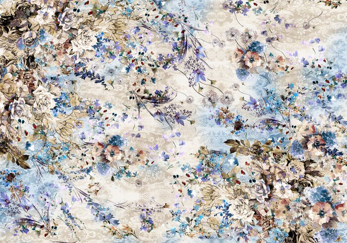 Fototapete Seamless floral pattern with flowers, watercolor,, watercolor. Template design for textiles, interior, clothes, wallpaper, art abstract design ,background