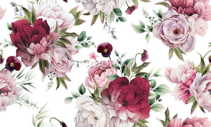 Fototapete Seamless floral pattern with peonies on summer background, watercolor illustration. Template design for textiles, interior, clothes, wallpaper