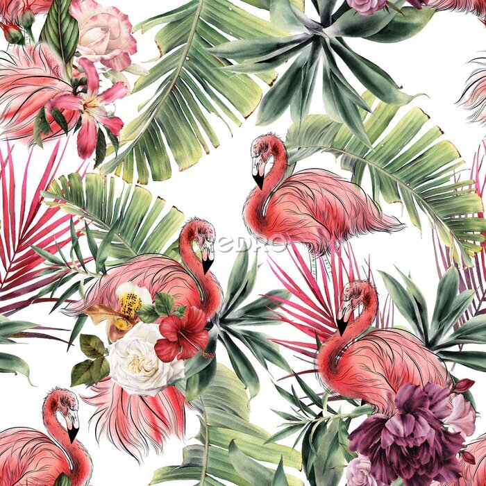 Fototapete Seamless floral pattern with tropical flowers and flamingo, watercolor.