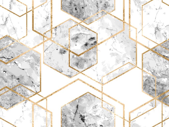 Fototapete Seamless geometric pattern with gold glitter lines and marble polygons