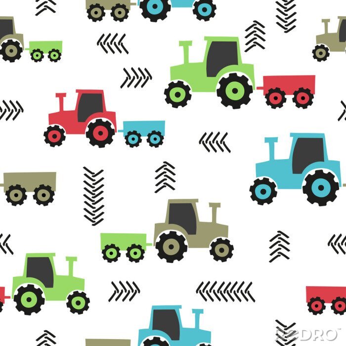Fototapete Seamless hand drawn tractor pattern for kids.