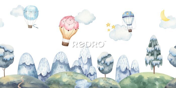 Fototapete Seamless landscape pattern for kids design with mountains, balloons, snow-covered trees, stars, moon. watercolor illustration on white background. Illustration for greeting cards, interior.