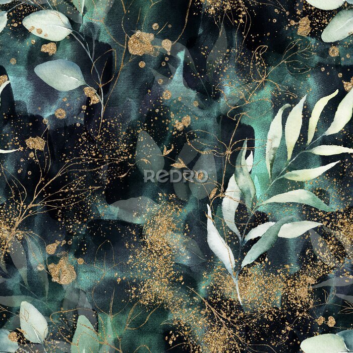 Fototapete Seamless pattern. Floral branch on gold, dark, navy, purple, emerald, green and turquoise watercolor texture design. Rough brush stroke. Illustration. Liquid, water, fluid, cloud, abstract background.