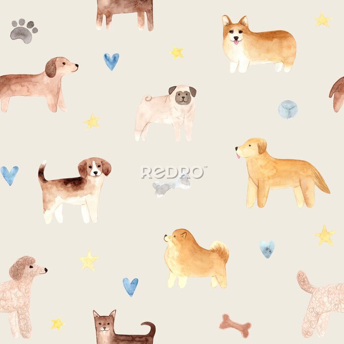 Fototapete Seamless pattern. Hand drawn watercolor dogs. Painted collection Illustration