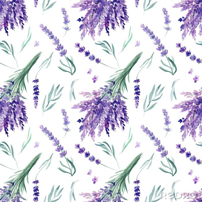 Fototapete seamless pattern, lavender watercolor on an isolated white background, hand drawing
