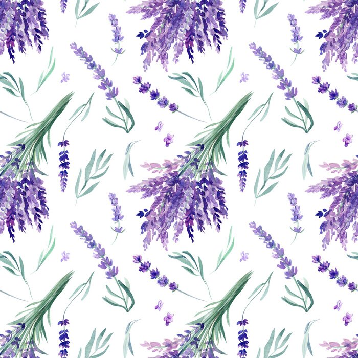 Fototapete seamless pattern, lavender watercolor on an isolated white background, hand drawing