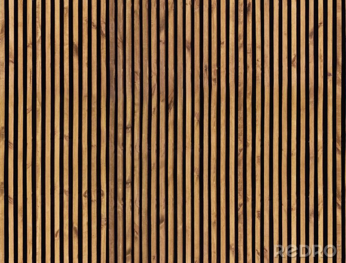 Fototapete Seamless pattern of modern wall paneling with vertical wooden slats for background. Raw material of natural brown wood lath.
