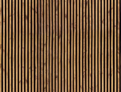 Fototapete Seamless pattern of modern wall paneling with vertical wooden slats for background. Raw material of natural brown wood lath.