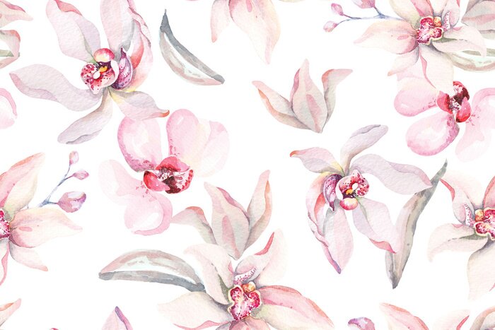 Fototapete Seamless pattern of orchids drawn with watercolor.Designed with floral patterns painted with watercolors with elegant.Orchid background.Composition of tropical vegetation for natural style wallpapers.