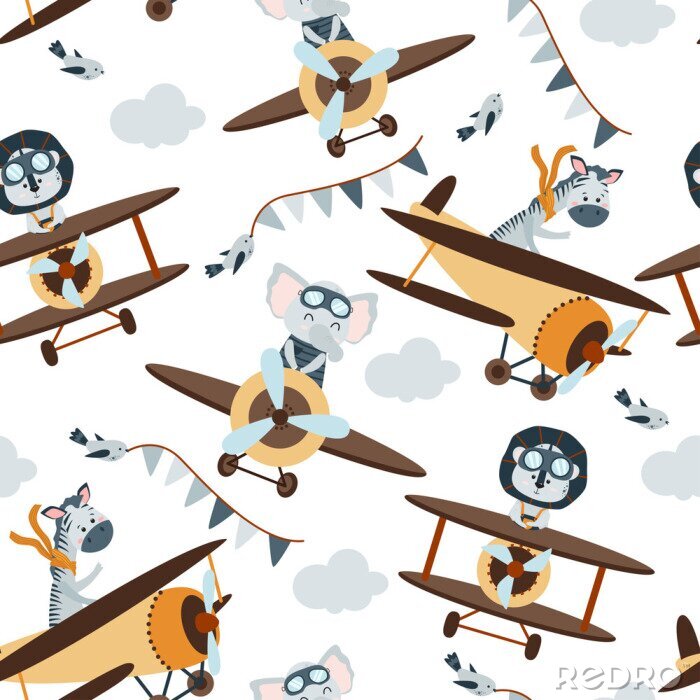 Fototapete seamless pattern with aviator animals in the sky - vector illustration, eps