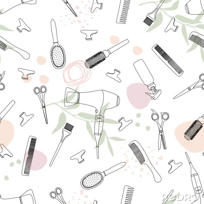 Fototapete Seamless pattern with barber tools with abstract shapes and twigs.Linear art of hairdressing accessories for templates, business cards, textiles or wrapping paper. Vector illustration
