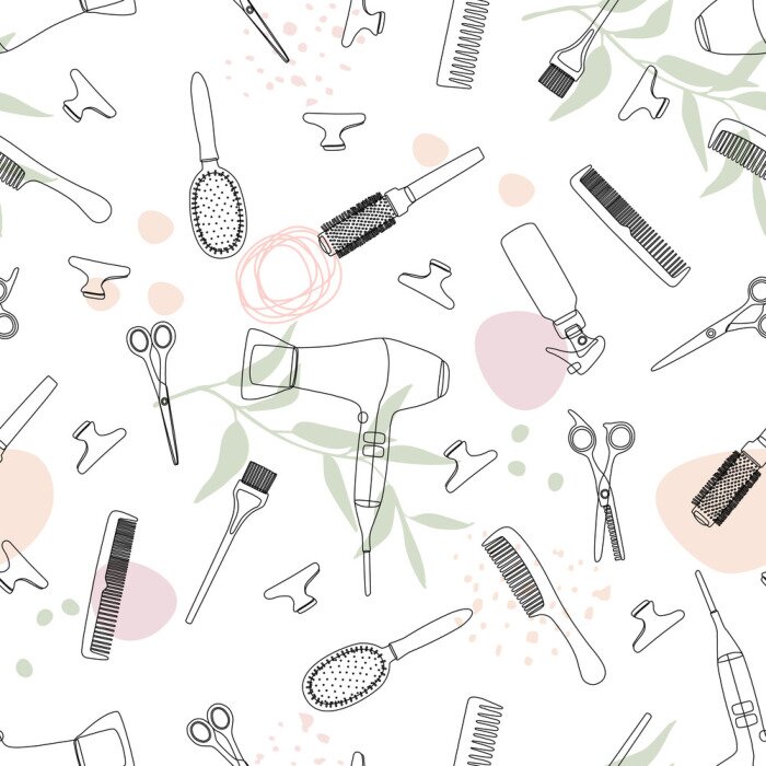 Fototapete Seamless pattern with barber tools with abstract shapes and twigs.Linear art of hairdressing accessories for templates, business cards, textiles or wrapping paper. Vector illustration