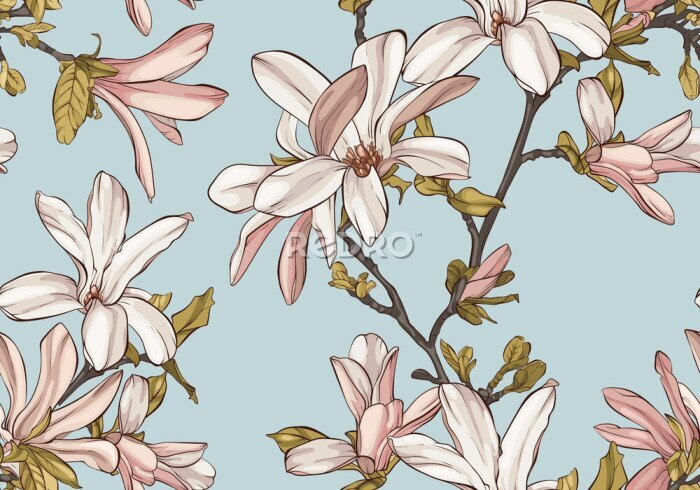 Fototapete Seamless pattern with  beautiful spring magnolia flowers