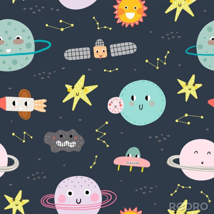 Fototapete Seamless pattern with cute planet, star and ufo. Vector illustration for children. Trendy kids vector background.