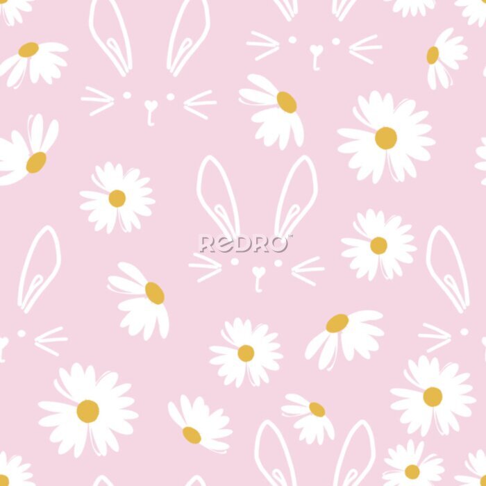 Fototapete Seamless pattern with daisies and hand drawn rabbits on pink background vector.