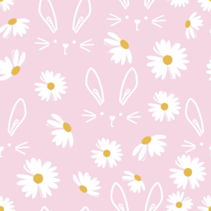 Fototapete Seamless pattern with daisies and hand drawn rabbits on pink background vector.