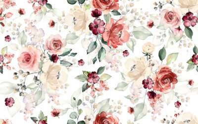 Fototapete Seamless pattern with flowers and leaves. Hand drawn background.  floral pattern for wallpaper or fabric. Flower rose. Botanic Tile.
