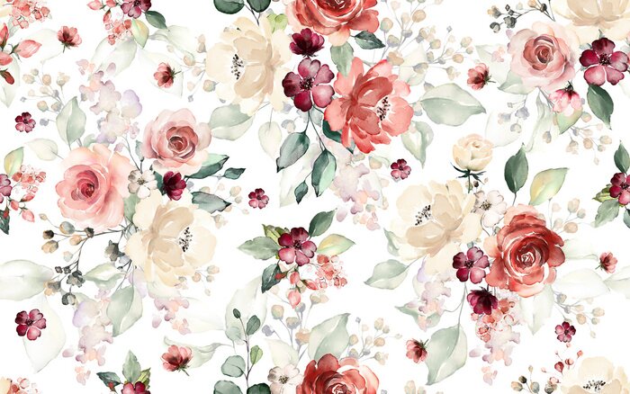 Fototapete Seamless pattern with flowers and leaves. Hand drawn background.  floral pattern for wallpaper or fabric. Flower rose. Botanic Tile.