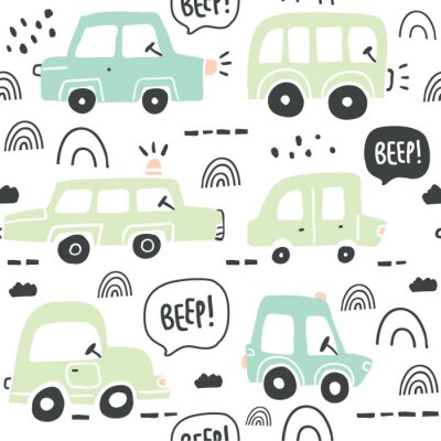 Seamless pattern with hand drawn cute car